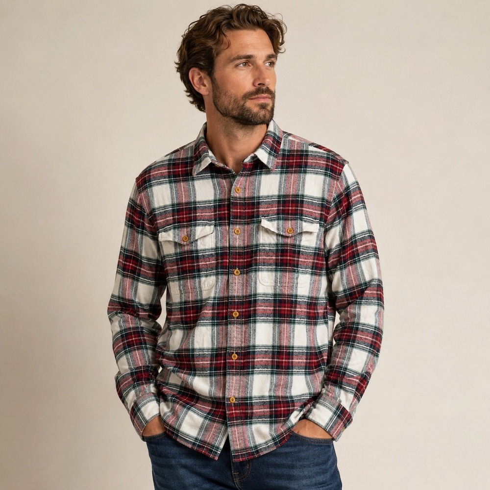 Lucky Brand Flannel Shirt Mens L Red White Plaid Saturday Stretch Long Sleeve